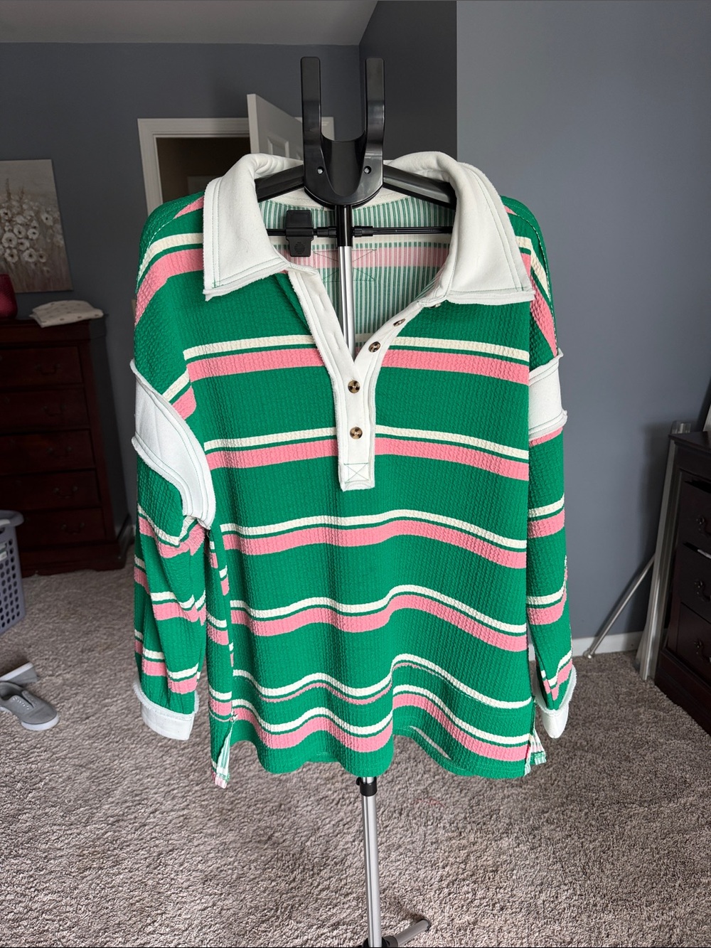 BiBi Green, Pink & White Striped Polo Sweater
